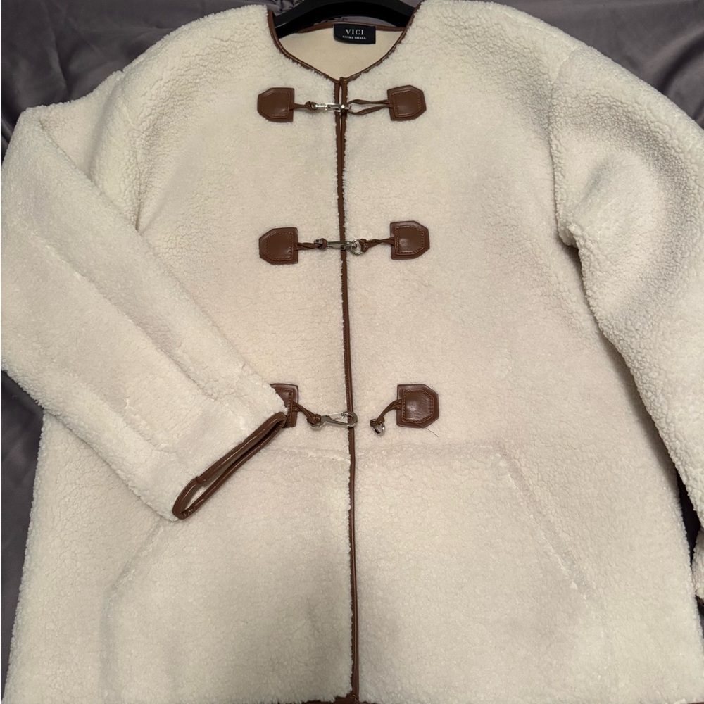 Vici Women's White Teddy Jacket with Brown Toggles